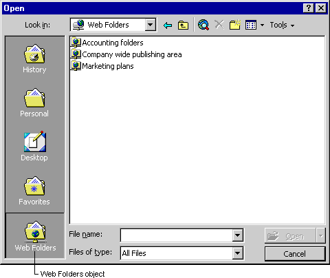 The Web Folders object viewed in the Open dialog box