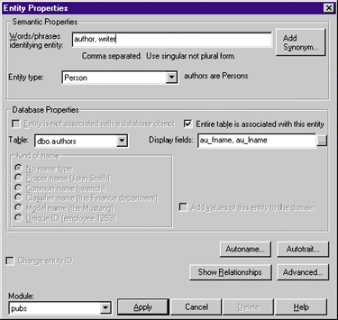 Figure 3: Defining an Entity