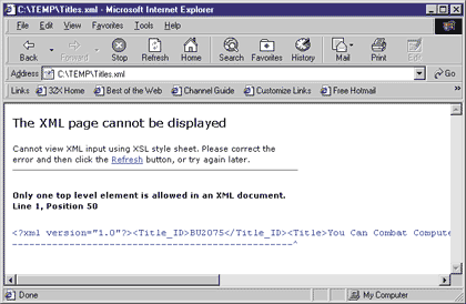 Figure 1: XML Error Message in Internet Explorer 5.0