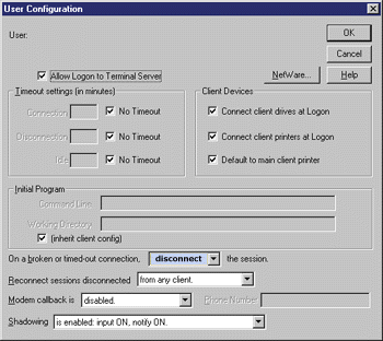 Figure 6 User Account Attributes for Terminal Services