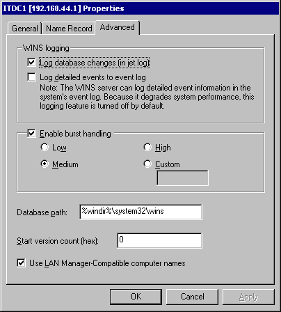 Figure 7.19    Advanced Configuration Options for WINS Server