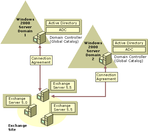 Figure 20.10    Multiple Windows 2000 Server Domains with a Single Exchange Server Site