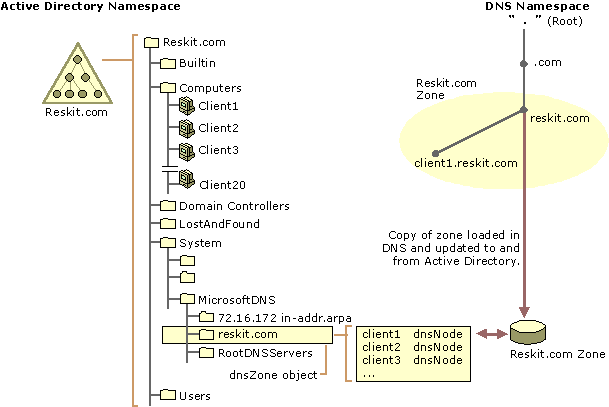 Figure 1.5    DNS Zones and DNS Nodes Stored in Active Directory