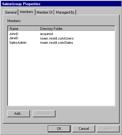 Figure 2.7    Example of a Members Tab That Displays the Distinguished Name of a Foreign Security Principal