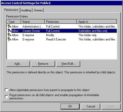 Figure 12.14    Access Control Settings for Public$ (Owner: Administrators)