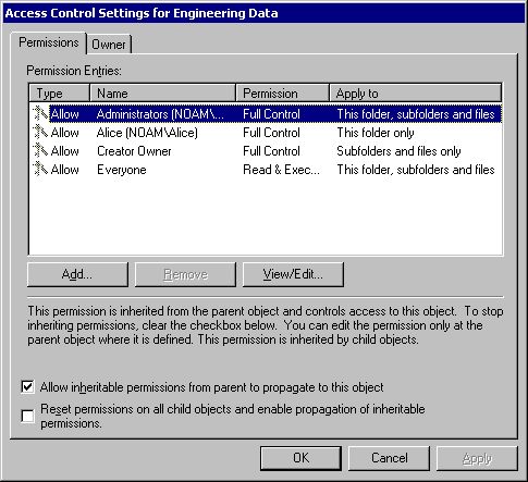 Figure 12.16    Access Control Settings for Engineering Data (Owner: Alice)