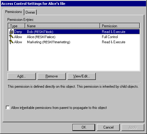 Figure 12.2     Permissions for Alice's File