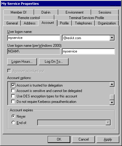 Figure 12.11    Service User Account Trusted to Act as a Delegate