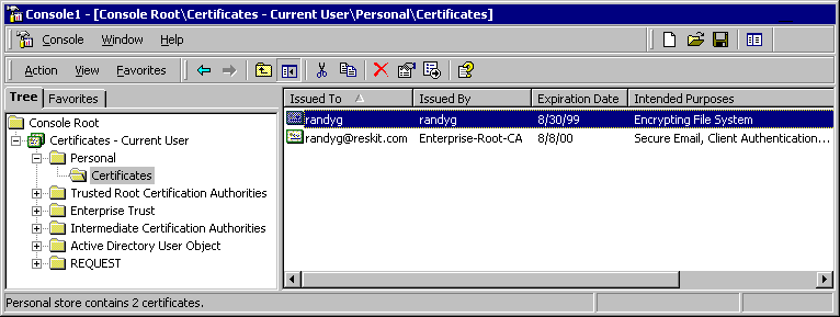 Figure 15.10    User Certificates in the Personal Certificate Store