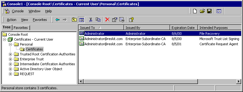 Figure 15.11    Recovery Agent Certificates in the Personal Certificate Store