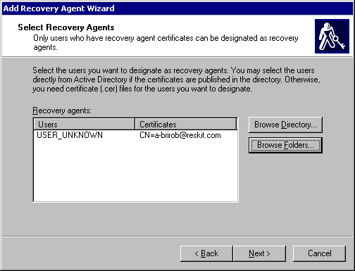 Figure 15.14    Second Screen in Add Recovery Agent Wizard