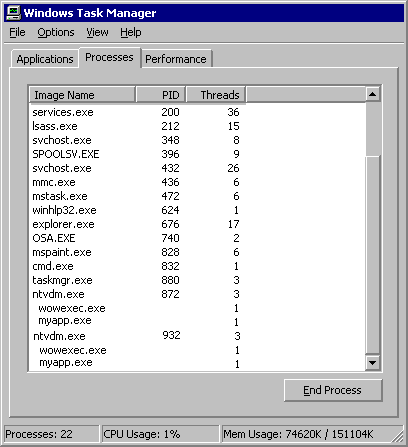 Figure 5.15    NTVDM Instances in Task Manager with Process Identifiers