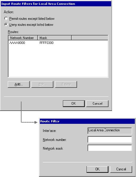 Figure 5.8    RIP for IPX Route Filter Dialog Boxes