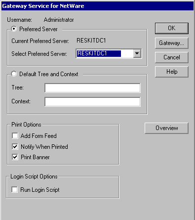 Figure 12.13    Gateway Service for NetWare Dialog Box