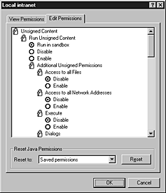 Options you can set for Java permissions