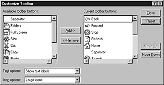 Customize Toolbar dialog box with Show text labels and Large icons selected