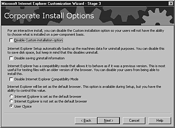 Corporation Install Options screen