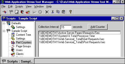 View of the Web Application Stress Tool Collection Interval Setting