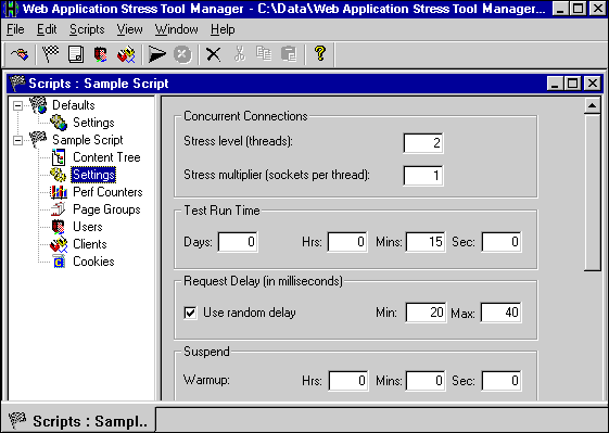 The Web Application Stress Tool Settings Node