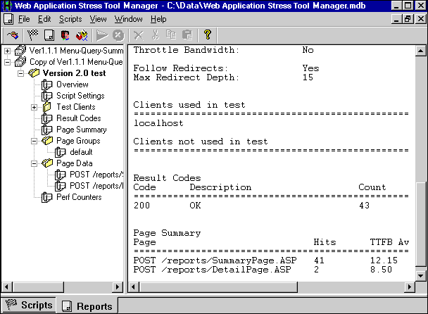 View of Web Application Stress Tool Reports