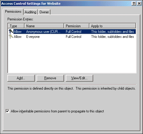 Dialog Box for Full Control Permission