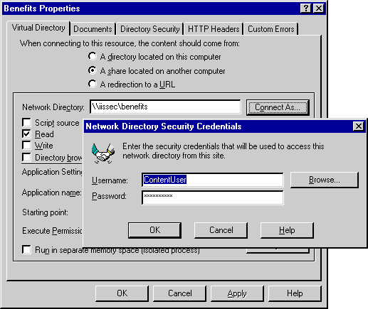 Setting the User Name/Password to Access Web Content on a UNC resource