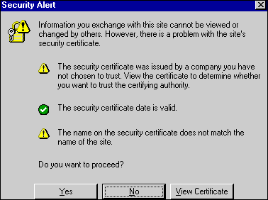 Internet Explorer 5 Message Warning That a Server Certificate Has an Incorrect Name and That It Is Issued by an Unknown CA